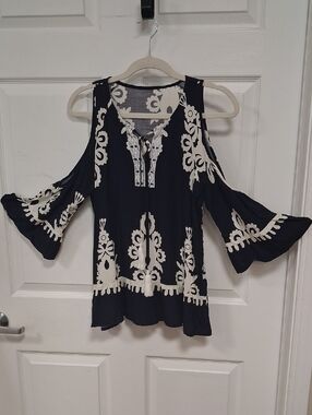 Navy and Cream Cold-Shoulder Embroidered Women's Top